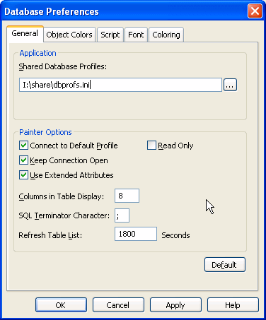 The sample shows the General tab page of the Database Preferences dialog box. At top is an Applicaiton area with a box labeled Shared Database Profiles. Selected is the profile I : backslash Share backslash P B dot I N. Next are Painter Options with selected check boxes for Connect to Default Profile, Keep Connection Open, and Use Extended Attributes. A check box for Read Only is cleared. A field labeled Columns in Table Display shows the entry 8, sequel Terminator Character displays a semicolon, and Refresh Table List is set to 1800 Seconds. At bottom is a default button.