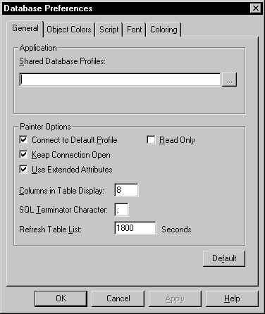 Shown is the General page of the Database Preferences dialog box. The field for shared database profiles is empty. The database painter options include selected check boxes for connecting to the default profile, for keeping the connection open, and for using extended attributes. The check box for opening the database profile in read only mode is not selected. 