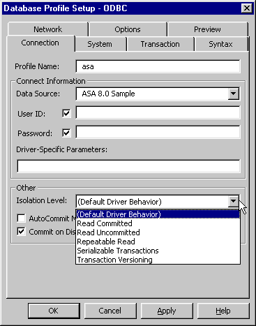 Shown is the Database Profile Setup dialog box for an O D B C connection. A drop-down list is displayed with all of the Isolation Level options. The selected option is Default Driver Behavior. Other possible Isolation Level options are Read Committed, Read Uncommitted, Repeatable Read, Serializable Transactions, and Transaction Versioning.