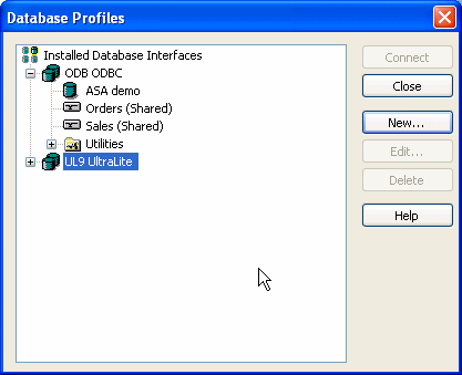 The sample shows the Database Profiles dialog box with Installed Database Interfaces displayed in tree format. The entry for O D B O D B C is expanded. It lists a  profile for A S A demo, Orders ( Shared ), and Sales ( Shared ).