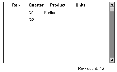 The sample Data Window displays four columns of data titled Rep, Quarter, Product, and Units. The first row of selection criteria shows Q 1 for quarter and Stellar under Product. The second row shows Q 2 under Quarter. The status line at the bottom of the Data Window displays Row count: 12.