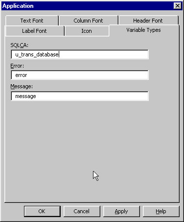 The Variable Types tab of the additional properties for the Application object displays. The text box at the top of the page is labeled Sequel C A. The entry in the box is u _ trans _ database. The Error and Message text boxes have the default entries Error and Message respectively.