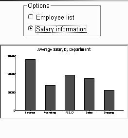 The picture shows a group box with radio button options at the top of the window, and a Data Window at the bottom of the window. The Salary Information radio button is selected in the Options group box. The sample Data Window object displayed in the Data Window control has a graph presentation style with bars showing the average salary for each department in the database.