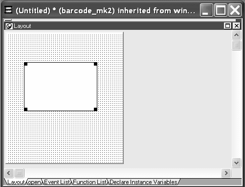 In the untitled window, a field of dots displays as a background grid  in the Layout view. This is because the Show Grid option is selected in the window’s Design options dialog box. A blank rectangle superimposed on the grid represents the DataWindow control. The four corners of the control are small black rectangular handles for resizing the control.