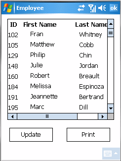 The picture shows a group box with radio button options at the top of a window titled Employee, and a Data Window at the bottom of the window. The Employee List radio button is selected in the Options group box. The sample Data Window object displayed in the Data Window control has three columns with the headings Department, Name, and Salary. 