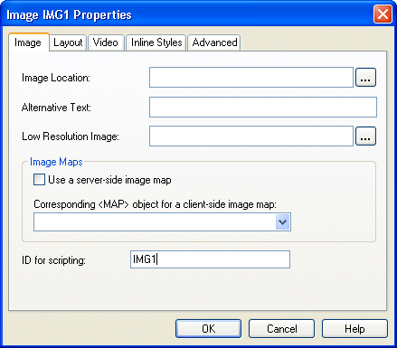 Shown is the Image tab page of the Image Properties dialog box. At top is an Image Location field with a Browse button, a text field for Alternative Text, a field for Low Resolution with a browse button, an Image Maps area with a check box labeled Use a server side image map and a drop down labeled Corresponding < MAP > object for a client side image map. At bottom is a text box labeled I D for scripting with the entry I M G 1. 