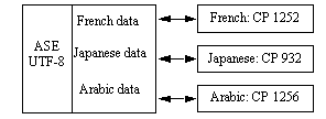 Graphic showing an Adaptive Server configured with the UTF-8 character set, and containing data in a variety of languages connecting to multiple clients, each configured with different languages and character sets