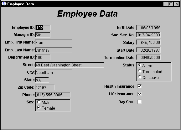 The sample shows an Employee Data form with text boxes for items such as Employee I D and Manager I D, radio buttons for items such as Status, whether Active, Terminated, or On Leave, and check boxes for items such as Health Insurance, Life Insurance, and Day Care.