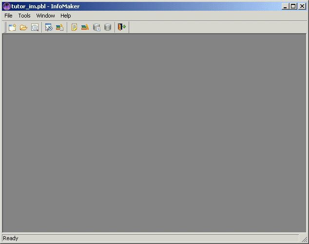 Shown is the initial Info Maker screen with menu options for File, Tools, Window, and Help, and then the PowerBar across the top with buttons for creating new objects and accessing existing objects.