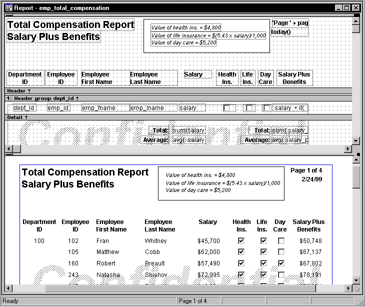 Shown is a sample gooey setup for InfoMaker, with Header and Detail bands where a user designs a report layout and content and a display area at the bottom that shows a preview of the resulting report. 