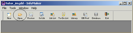 Shown is the Power Bar with a circle around the Open button. The other buttons shown are New, Preview, Set Lib, Lib List, To Do List, Library, D B Prof, Database, and Exit.