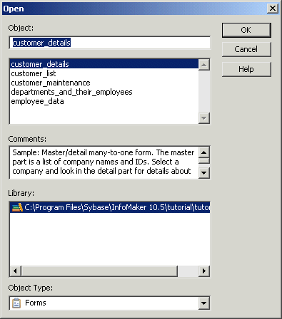 Shown is the Open dialog box. Near the bottom is a display labeled Library with the library tutor _ im _pibble highlighted. At top is a text box labeled Object with the entry attrib _  birthdays. Below it is a list of the objects in the selected library, with the attrib _ birthdays object highlighted. Next is a Comments area with a description of the object. Below the Library list is a drop down labeled Object Type with Reports selected.