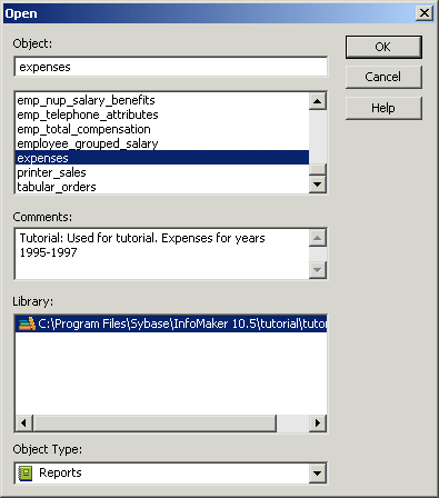 Shown is the Open dialog box. Near the bottom is a display labeled Library with the library tutor _ i m _ pibble highlighted. At top is a text box labeled Object with the entry expenses. Below it is a list of the objects in the selected library, with the expenses object highlighted. Next is a Comments area. Below the Library list is a drop down labeled Object Type with Reports selected.