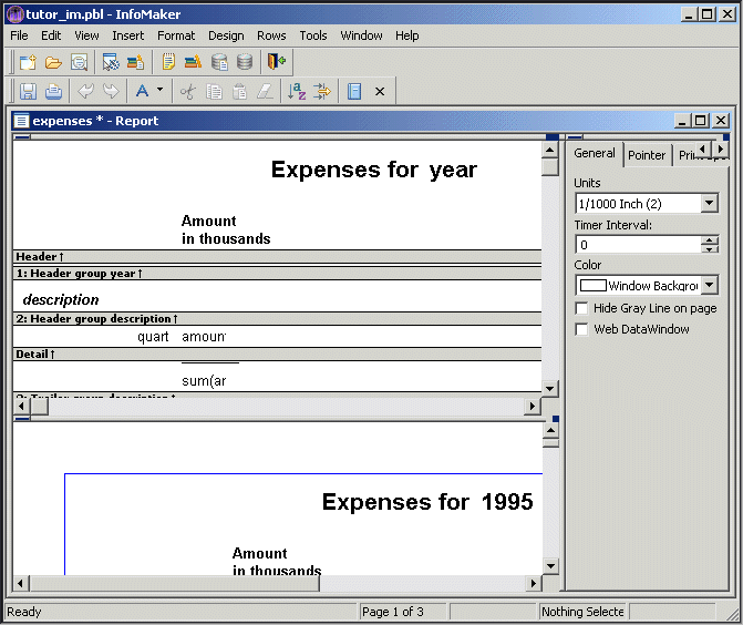 Shown is the report painter layout with the tabbed view  and Export / Import XML Template view closed.