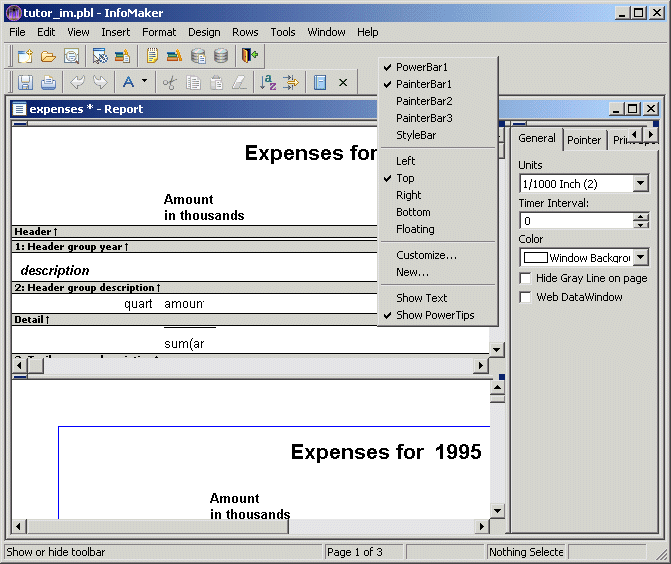 Shown is the pop up menu for the tool bars. It has the grouped options Power Bar 1, Painter Bar 1, 2, and 3, and Style Bar, then Left, Top, Right, Bottom, and Floating, then Customize and New, and finally Show Text and Show Power Tips. Several of the options are checked.