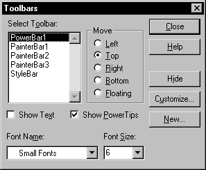 Shown is the Tool bars dialog box. At top left is a scrollable display titled Select Toolbar. Within it, Power Bar 1 is highlighted.