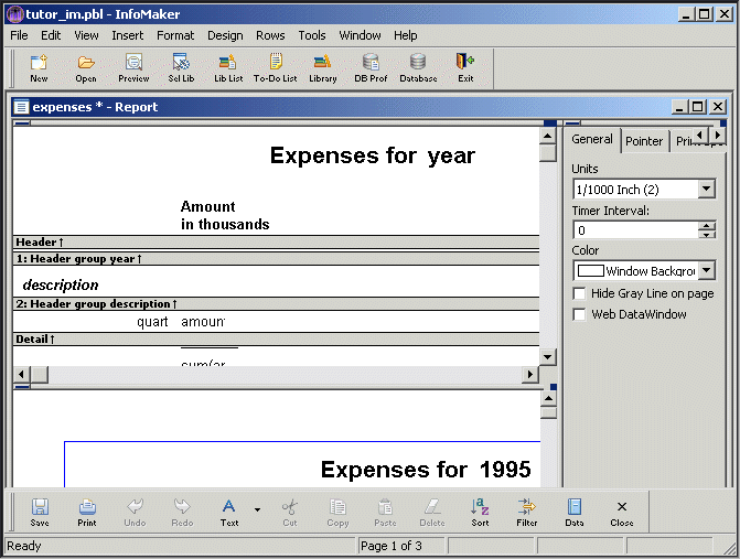 Shown is the Info Maker screen with the Painter Bar across the bottom. Each button of the Painter Bar has a text label, such as Save, Print, and Text.