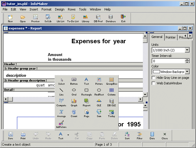 Shown is the Info Maker screen with an arrow at the bottom of the screen pointing to the space on the Painter Bar next to the text button. The Objects toolbar is expanded above the arrow and has labeled buttons for Select, Line, Oval, Rectangle, and so on.