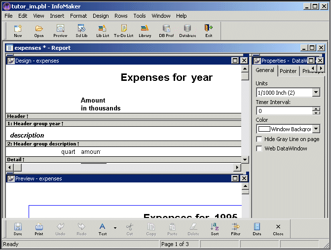 Shown is the Info Maker screen with a view at top left with the title bar Design, a view at bottom left with the title bar Preview, and a view at right with the title bar Properties. Each title bar shows a push pin icon on its left.