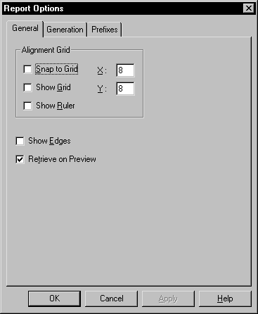 Shown is the General tab page of the Report Options property sheet. At top is a group box labeled Alignment Grid with cleared check boxes for Snap to Grid, Show Grid, and Show Ruler, and text boxes labeled  X and Y with the entry 8 displayed in each. Next are a cleared check box labeled Show Edges and a selected check box labeled Retrieve on Preview.