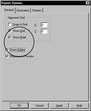 Shown is the General tab page of the Report Options property sheet. At top is a group box labeled Alignment Grid with a cleared check box for Snap to Grid, selected check boxes for Show Grid and Show Ruler, and text boxes labeled  X and Y with the entry 8 displayed in each. Next are selected check boxes labeled Show Edges and Retrieve on Preview.