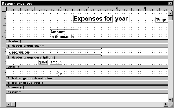 Shown is the Report painter Design view with rectangular edges around the controls, a grid of dots behind them, and rulers along the left and top edges. 