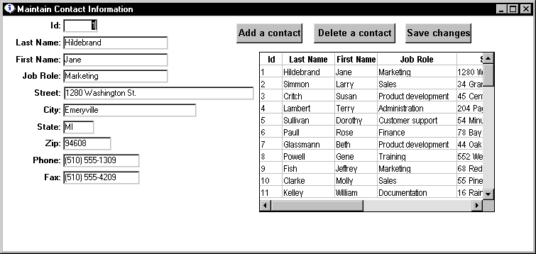 Shown is a report titled Maintain Contact Information.  At its left is a form with text fields for displaying and editing or entering ID, Last and First Name, Job Role, and so forth. At top right are buttons labeled Add a contact, Delete a contact, and Save changes. Under them is a scrollable grid of entries with a row of data for each entry that maps to the fields in the form on the left. 