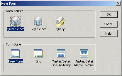 Shown is the New Form dialog box . A group box at top is labeled Data Source and has icons labeled Quick Select, sequel Select, and Query. At bottom is a group box labeled Form Style with icons labeled Free Form, Grid, Master / Detail One To Many, and Master / Detail Many To One.