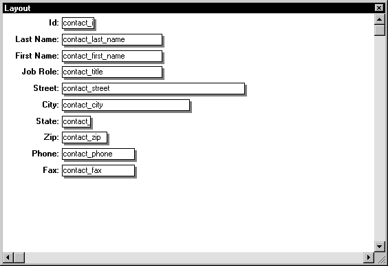 Shown is a form with a series of labeled text fields for items such as ID, Last Name, First Name, and Job Role. Within the fields, the names of the database columns such as contact _ last _ name are displayed where the actual data will appear. 