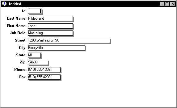 Shown is a form with a series of labeled text fields for items such as ID, Last Name, First Name, and Job Role. Within the fields, actual data such as first and last name, job role and address is displayed for a contact. 