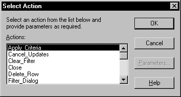 Shown is the Select Action dialog box with a scrollable list of the actions you can assign to the button, such as Apply _ Critera, Cancel _ Updates, and Clear _ Filter.