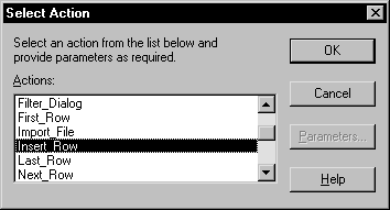 Shown is the Select Action dialog box with a scrollable list of the actions you can assign to the button. The Insert _ Row action is highlighted.