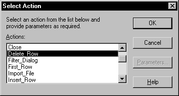 Shown is the Select Action dialog box with a scrollable list of the actions you can assign to the button. The Delete _ Row action is highlighted.