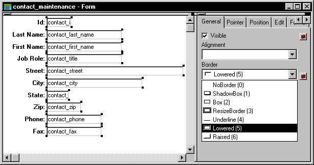 Shown is the contact _ maintenance form. At right is the General tab page of the Properties view with a Border drop-down list offering choices such as No Border, Shadow Box ( 1 ) , and Box ( 2 ). The value Lowered ( 5 ) is selected.