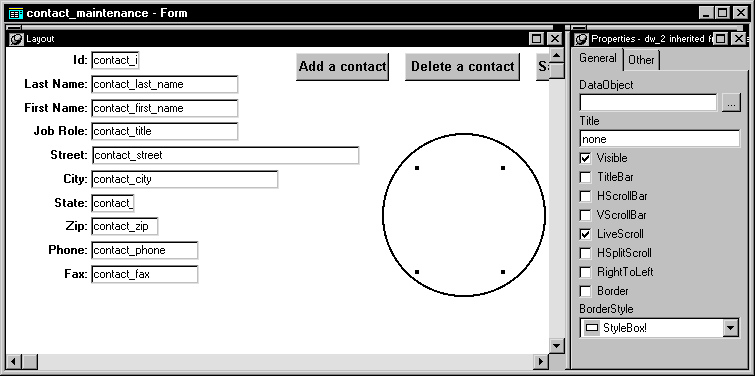 Shown is the Layout view of the contact _ maintenance  form with a series of labeled text fields at left for items such as ID, Last Name, First Name, and Job Role.  Across the top right side are buttons labeled Add a contact, Delete a contact, and Save changes. Under them are four dots forming the corners of a large box that is circled.