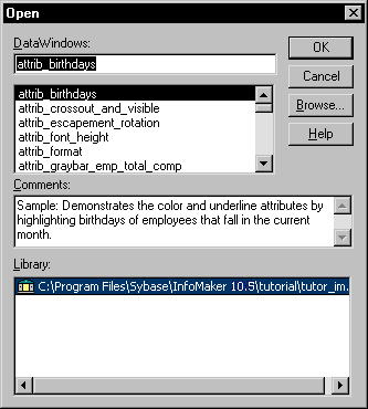 Shown is the Open dialog box. At top is a Data Windows field displaying the name of the report attrib _ birthdays, which is selected from a drop down list of reports below it. Next is a Comments field and then a Library field that shows the path to the selected library, tutor _ i m dot pibble.