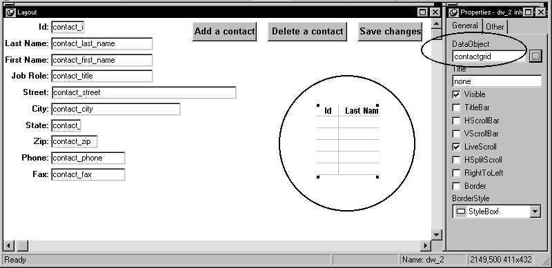 Shown are the Layout and Properties views for the contact _ maintenance form. Part of the contact grid report displays on the right side of the form in the layout view. It has columns labeled ID and Last Name. On the far right of the screen, in the Properties view, the report name contact grid displays in the Data Object field at the top of the General tab page.