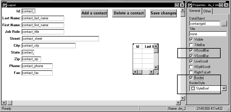 Shown are the Layout and Properties views for the contact _ maintenance form. Part of the contact grid report displays on the right side of the form in the layout view. It has columns labeled ID and Last Name, and vertical and horizontal scroll bars. On the far right side of the screen, in the Properties view on the General tab page, the check boxes for H Scroll Bar, V Scroll Bar, and Border  are checked, and a Border Style drop down shows the entry Style Box !.