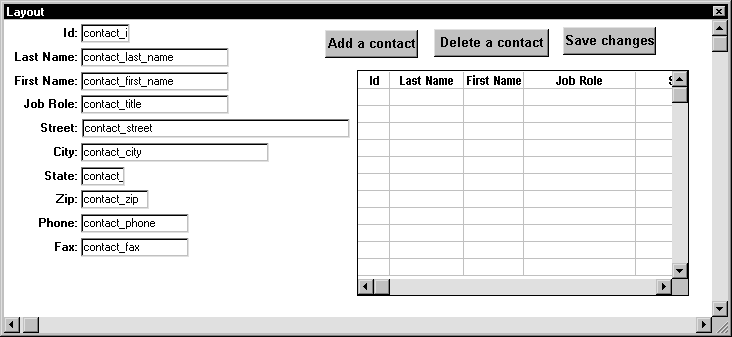 Shown is the Layout view for the contact _ maintenance form. An expanded contact grid report displays on the right side of the form. It has columns labeled ID, Last Name, First Name, and Job Role, and vertical and horizontal scroll bars.