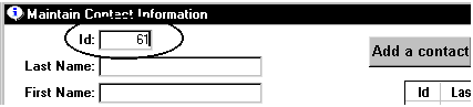 Shown is the top of the form titled Maintain Contact Information. The ID field is circled, and it displays the entry 61.