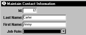 Shown is the top of the form titled Maintain Contact Information with the fields ID, Last Name, First Name, and Job Role. The Job Role list box is highlighted.