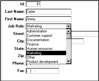 Shown is the Maintain Contact Information form. The Job Role drop down list box is displayed, and the Marketing entry is highlighted.