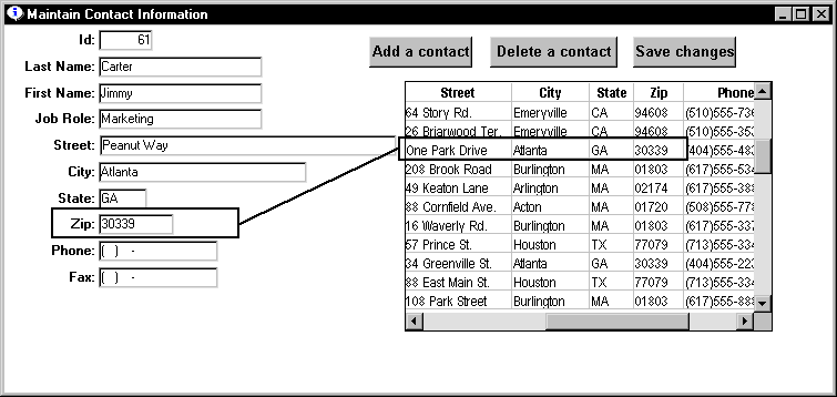 Shown is the Maintain Contact Information form with a rectangle around the Zip field. At right, in the report, a rectangle appears around a row with an address for Atlanta, Georgia. The same zip code for Atlanta is entered in the Zip field of the form.