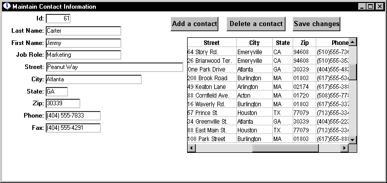 Shown is a completed Maintain Contact Information form showing the entries made in the tutorial steps that precede this illustration.