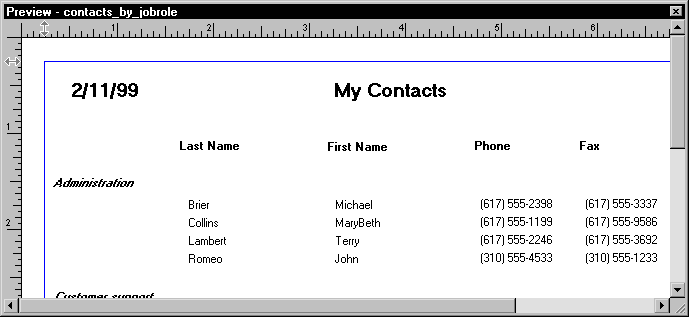 Shown is a scrollable report with a date at upper left and the title My Contacts in the center. Visible are columns headed Last Name, First Name, Phone and Fax. At their left is the group name Administration followed by four rows of data.