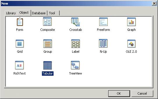 Shown is the Object tab page of the New dialog box with labeled icons for Form, Composite, Cross tab, Free form, Graph, Grid, Group, Label, N Up, OLE 2 dot 0, Rich Text, and Tabular. Tabular is circeld.