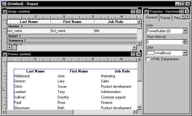 Shown is the Report painter screen. At top are Header and Detail bands showing the selections for the report and a Preview view showing columns of data titled Last Name, First Name, and Job Role.