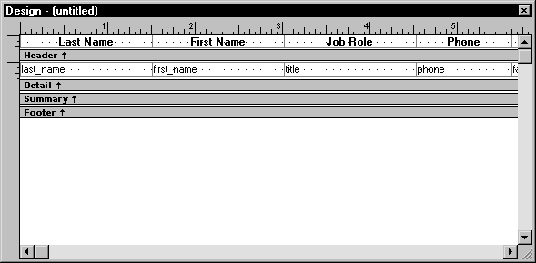 Shown is the  Design view. The text for the column headers is displayed across the top in the Header band, including Last Name, First Name, and so on. Next is the Detail band, where the names of the columns appear in the positions where the data values will be displayed. Below this are unexpanded Summary and Footer bands.