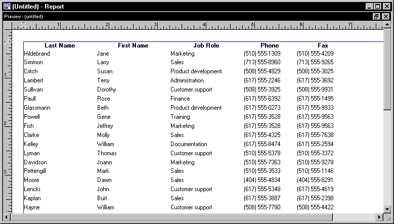 Shown is the maximized Preview view, which fills the screen. It includes headers for last name, first name, job role, phone, and fax and displays rows of actual data from the database. 