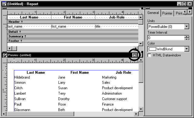 Shown is the Report painter screen. At top are Header and Detail bands showing the selections for the report and then a Preview view showing columns of data titled Last Name, First Name, and Job Role. Circled at top right of the Preview view is a maximize button showing an icon of a  rectangle.